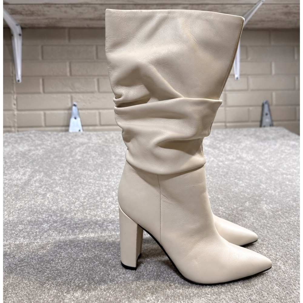 Marc Fisher Gomer Leather Slouchy Block Heel Pointed Toe Boots White 6.5M Mod